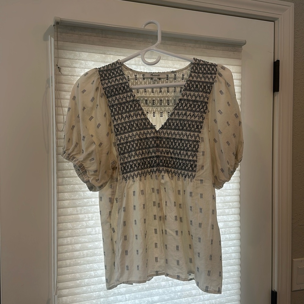 MADEWELL Embroidered-Yoke Top in Clipdot Peasant Blouse Shirred Cotton